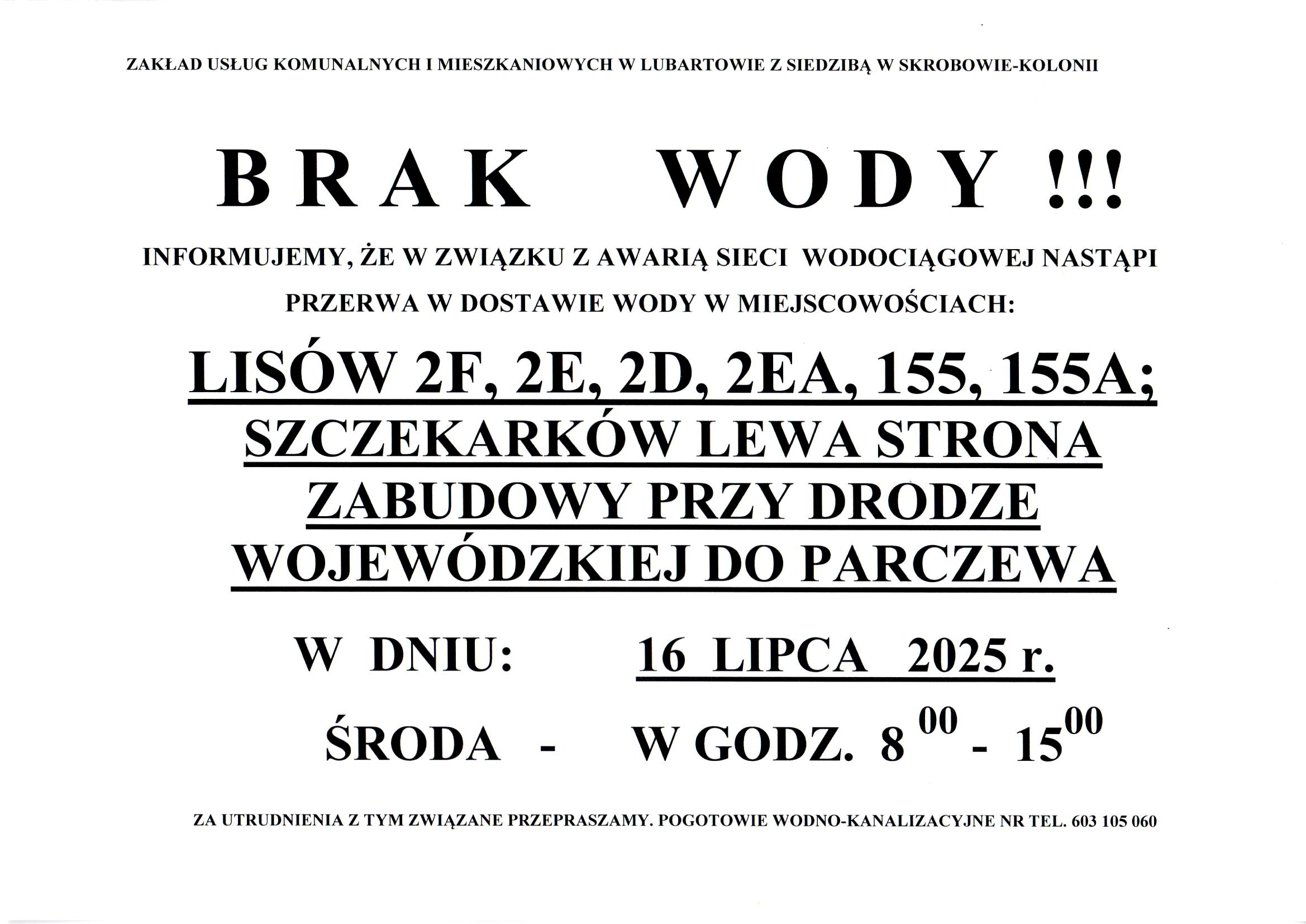 Ogłoszenie o przerwie w dostawie wody